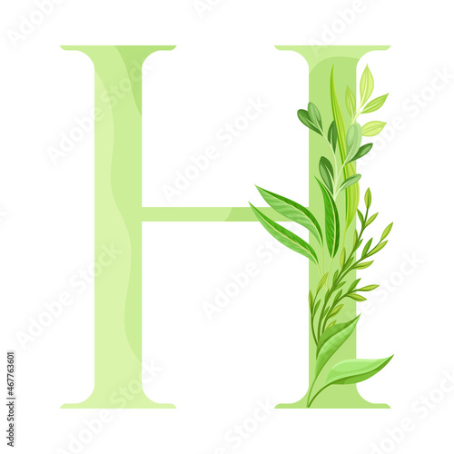 Alphabet Letter H Decorated with Green Foliage and Leaf Vector Illustration