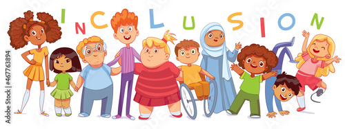 Concept diversity and inclusion. Group of multi ethnic friends and multi racial kids. Panoramic banner. Colorful cartoon characters. Funny vector illustration. Isolated on white background