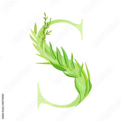 Capital Alphabet Letter S Decorated with Green Foliage and Leaf Vector Illustration