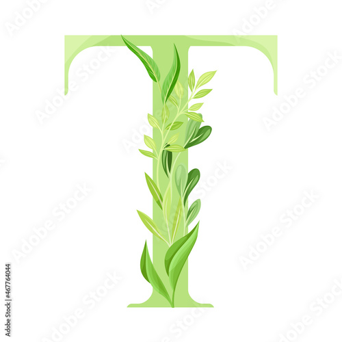 Capital Alphabet Letter T Decorated with Green Foliage and Leaf Vector Illustration