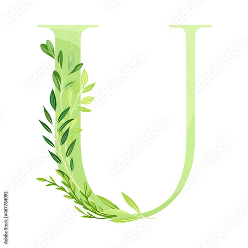 Capital Alphabet Letter U Decorated with Green Foliage and Leaf Vector Illustration