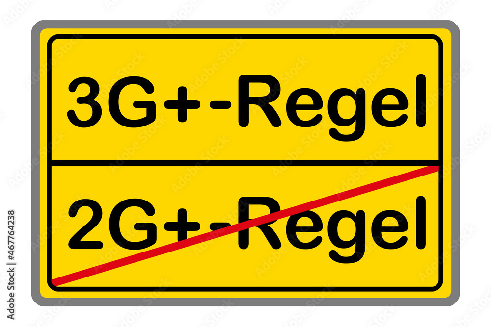 Gelbes Schild mit Corona Pandemie 3G+-Regel und 2G+-Regel Illustration auf weissem Hintergrund Gelbes Schild mit Corona Pandemie 3G+-Regel und 2G+-Regel Illustration auf weissem Hintergrund