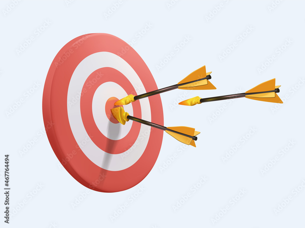 Marketing time concept. Targeting the business. Realistic 3d design red target and arrows. Vector illustration. Business Vision, big target with people, teamwork, success goal, target achievement.