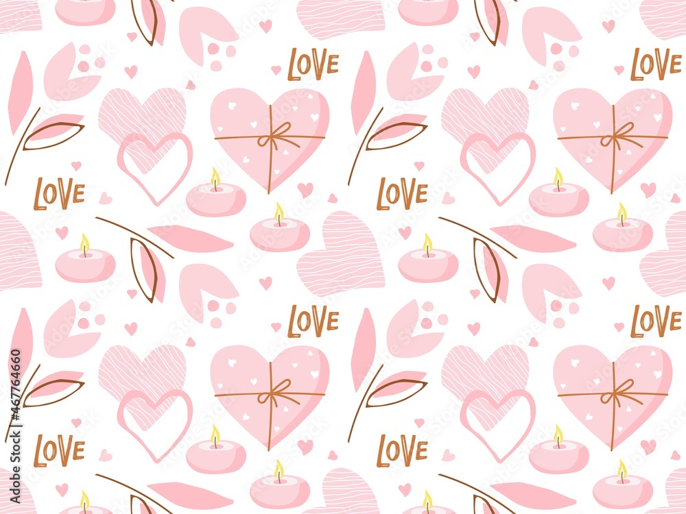 Love seamless pattern. Pink background for St. Valentine's Day or Wedding or birthday. Gifts, flower, candles repeated backdrop. Romantic flat vector illustration on white background