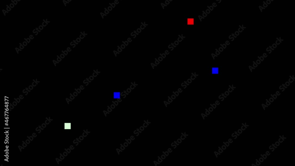 Colorful pixel blocks flickering. Black screensaver background. Gradient shapes in animated pattern.