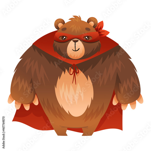 Furry Brown Bear Animal Superhero Dressed in Mask and Red Cape or Cloak Vector Illustration
