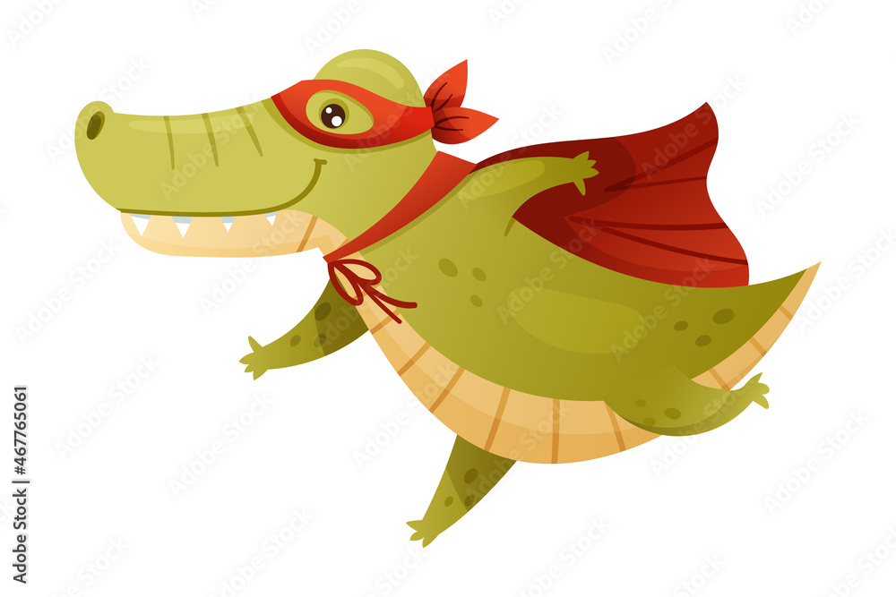 Green Crocodile Animal Superhero Dressed in Mask and Red Cape or Cloak Rushing to Rescue Vector Illustration Green Crocodile Animal Superhero Dressed in Mask and Red Cape or Cloak Rushing to Rescue Vector Illustration