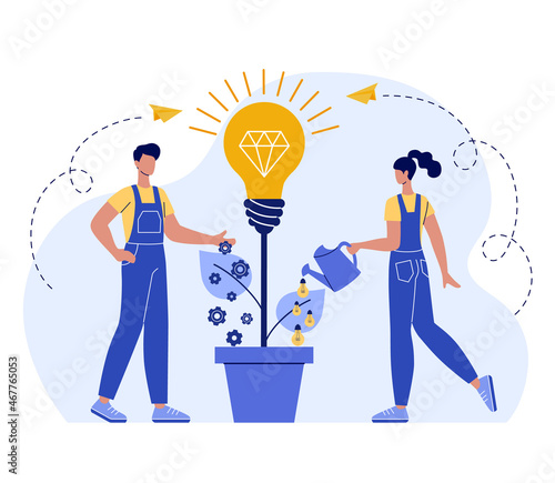 Cultivating idea. Concept flat vector illustration. Team brainstorming, idea management, project management, new idea generation, startup collaboration, find solution, product development.