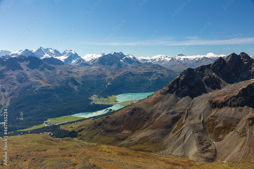 Scenic view on Lake Silvaplana and the Engadin. Swiss Alps, Switzerland