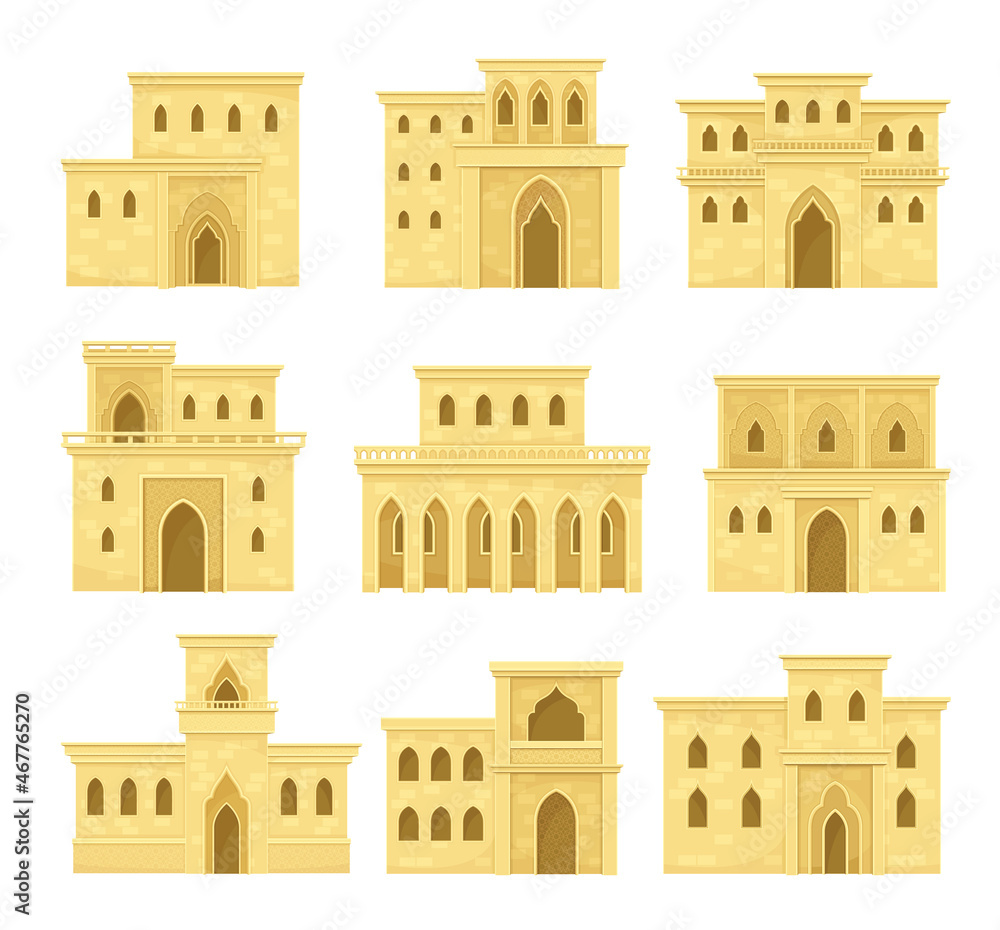 Ancient Arab desert mud houses set. Middle East buildings, traditional