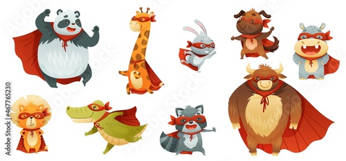 Animal Characters Superhero Dressed in Mask and Red Cape or Cloak Vector Set