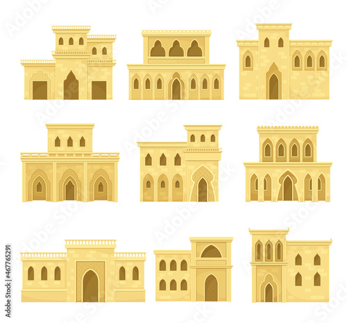 Authentic Arabian mud brick houses set. Middle East traditional architecture vector illustration