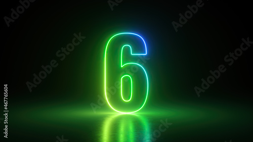 3d render, number six glowing in the dark with green blue neon light photo
