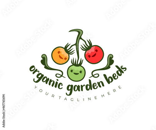 Tomatoes cartoon character on the stem, vegetables and food, logo design. Garden beds, organic farm and cherry tomatoes  on a branch, vector design and illustration