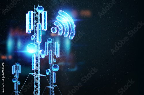5G towers, fifth generation mobile communications, Wi-Fi and telecommunications antenna. 5G standard, signal transmission technologies, high-speed mobile Internet. 3D render, 3D illustration. photo