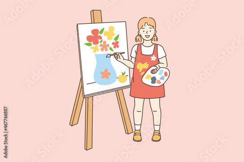 Drawing painting and hobby concept. Smiling girl cartoon character standing over canvas and painting flowers in vase with brush vector illustration 