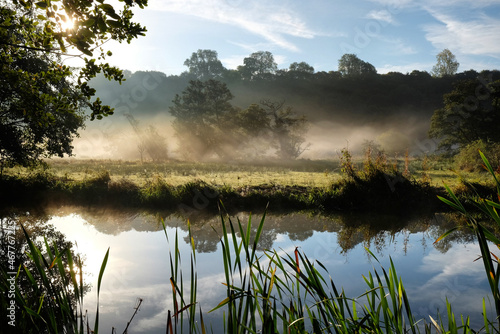 Mist on the River Wey, Godalming, Surrey, UK photo