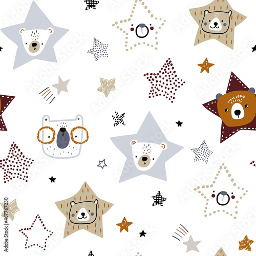 Seamless childish pattern with cute bears, stars. Creative kids texture for fabric, wrapping, textile, wallpaper, apparel. Vector illustration