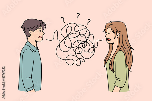 Problems in communication of couple concept. Frustrated young man and woman standing with thorn thread between them having troubles with understanding each other vector illustration 