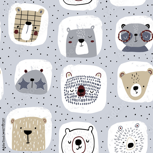 Creative seamless pattern with cute hand drawn pandas and bears. Childish texture for fabric, wallpaper, apparel, textile. Vector illustration