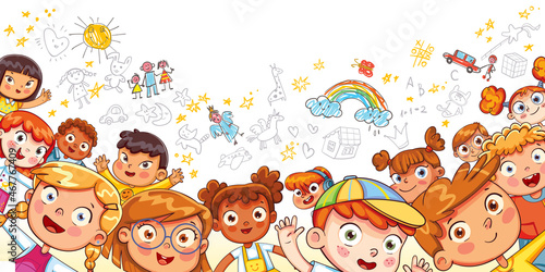 Group children look and wave their hands at the camera against the background of kids drawings. Group of multi ethnic friends. Colorful cartoon characters. Funny vector illustration. Panorama