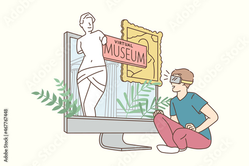 Virtual museum and technologies concept. Smiling boy cartoon character sitting looking at laptop screen with virtual museum online vector illustration 