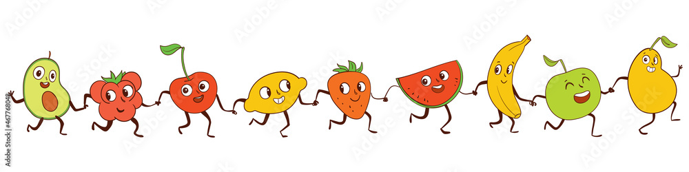 Obraz premium Set of cartoon vegetables and fruits. Funny colorful characters. Vector illustration. Isolated on white background. Seamless panorama