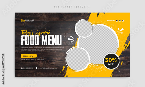 Fast food restaurant menu social media marketing web banner template with logo and icon. Pizza, burger & healthy food business promotion flyer. Abstract sale cover background design.          photo