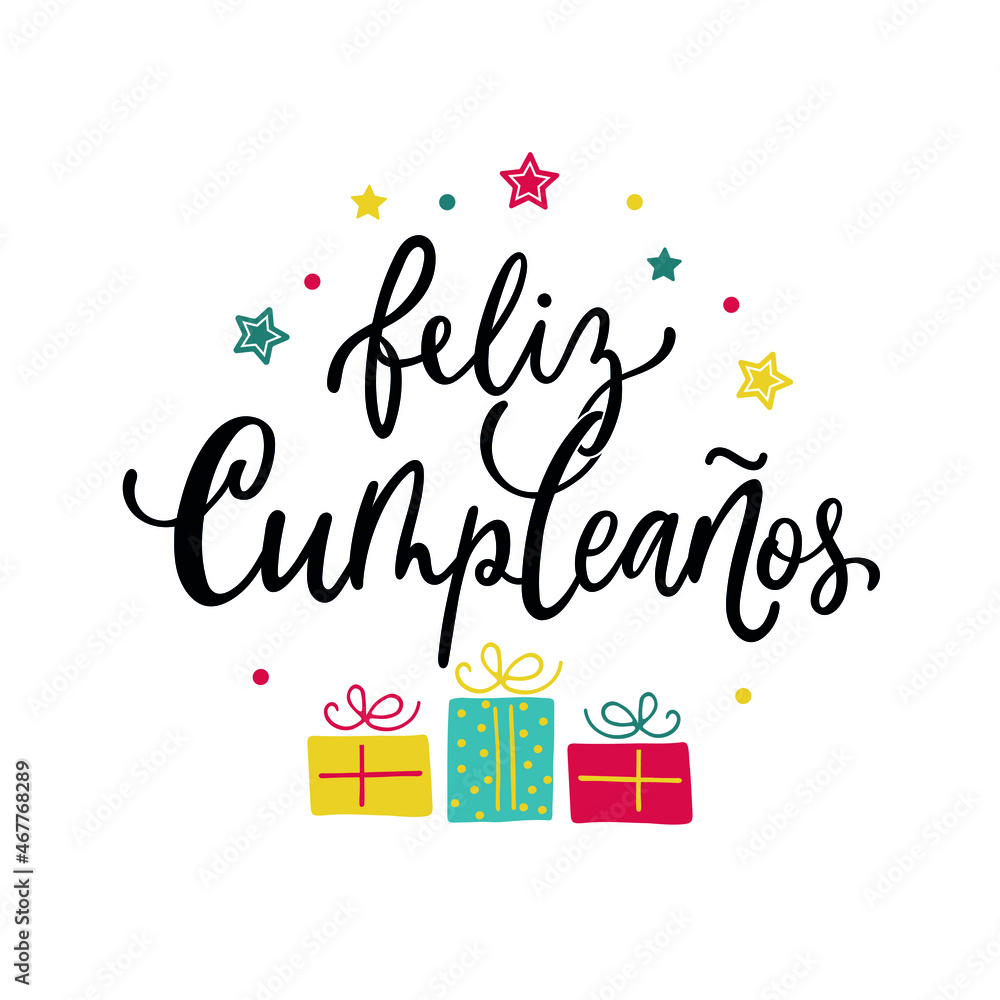 Feliz cumpleaños. Vector decorative greeting card. Happy birthday in  spanish. Stock Vector