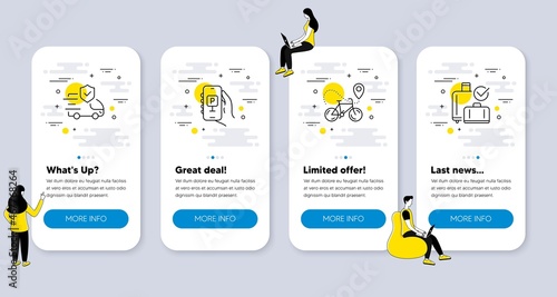 Set of Transportation icons, such as Parking app, Transport insurance, Bike delivery icons. UI phone app screens with people. Baggage reclaim line symbols. Vector