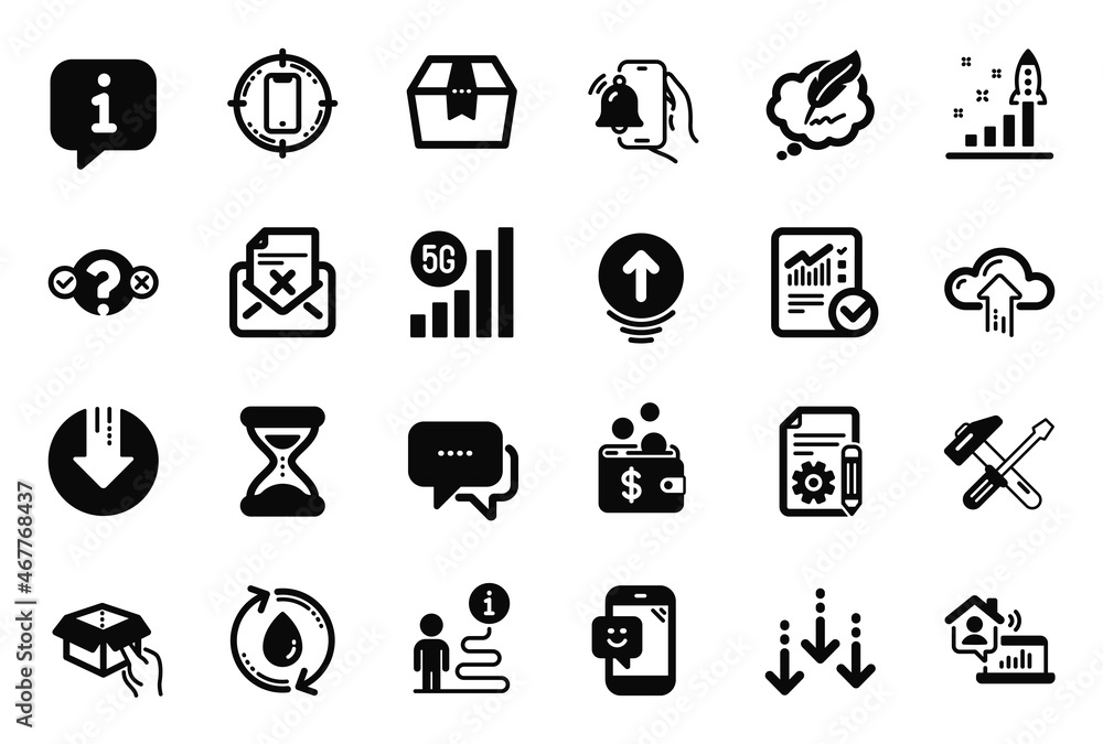 Vector Set of Technology icons related to Message, Cloud upload and Smartphone target icons. Hold box, Documentation and Checked calculation signs. Alarm clock, Swipe up and Development plan. Vector Vector Set of Technology icons related to Message, Cloud upload and Smartphone target icons. Hold box, Documentation and Checked calculation signs. Alarm clock, Swipe up and Development plan. Vector