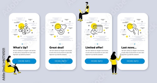 Vector Set of People icons related to Smile, Remove team and Fitness calendar icons. UI phone app screens with people. Hold heart line symbols. Social media likes, Networking, Biceps workout. Vector