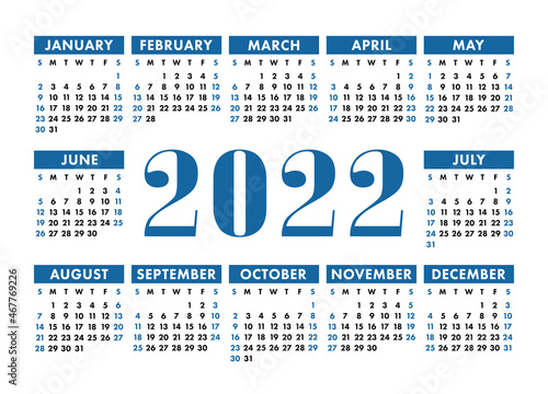 Calendar 2022. English vector horizontal wall or pocket calender template. Week starts on Sunday