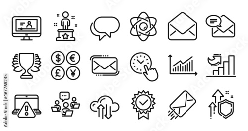 Atom core, Online warning and E-mail line icons set. Secure shield and Money currency exchange. Success, Messenger mail and Teamwork icons. Graph, Growth chart and Cloud sync signs. Vector