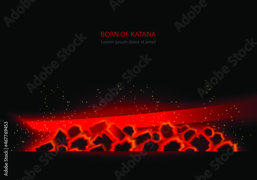 Born of katana illustration. Red hod blade in the dark. Japan culture visual template.