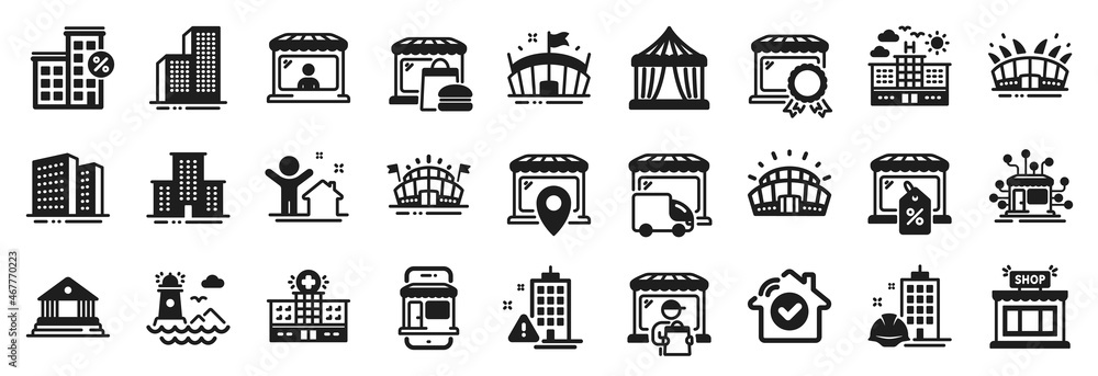 Set of Buildings icons, such as Lighthouse, Market location, Arena stadium icons. Arena, Market sale, Buildings signs. Circus tent, Skyscraper buildings, Shop. Court building, Distribution. Vector Set of Buildings icons, such as Lighthouse, Market location, Arena stadium icons. Arena, Market sale, Buildings signs. Circus tent, Skyscraper buildings, Shop. Court building, Distribution. Vector