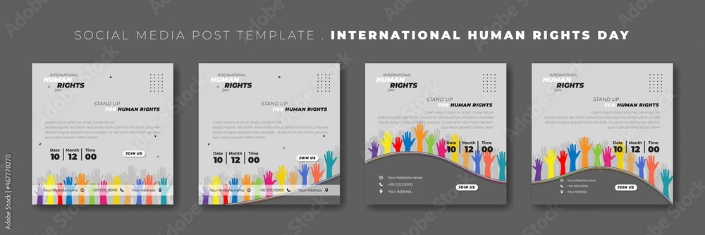 Set of social media post template with multicolor of hands. World Human Rights Day template design.