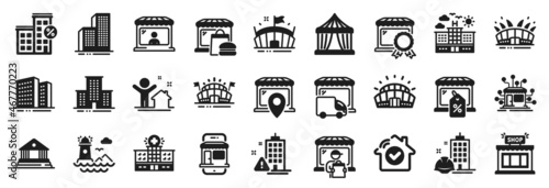 Set of Buildings icons, such as Lighthouse, Market location, Arena stadium icons. Arena, Market sale, Buildings signs. Circus tent, Skyscraper buildings, Shop. Court building, Distribution. Vector