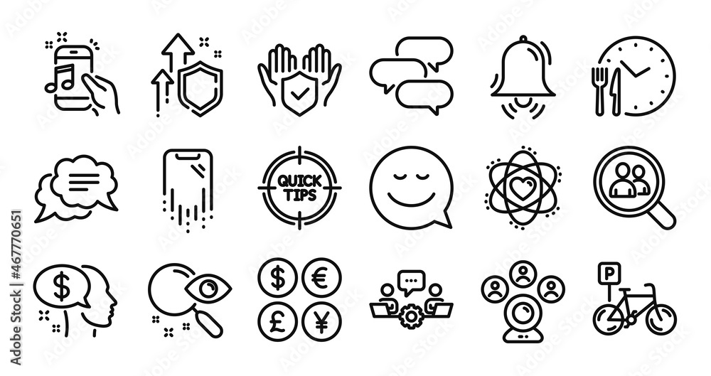 Atom, Smile and Insurance hand line icons set. Secure shield and Money currency exchange. Smartphone recovery, Search and Tips icons. Clock bell, Talk bubble and Pay signs. Vector Atom, Smile and Insurance hand line icons set. Secure shield and Money currency exchange. Smartphone recovery, Search and Tips icons. Clock bell, Talk bubble and Pay signs. Vector
