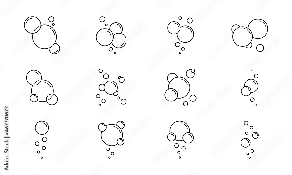 Round Bubbles of Foam or Soup Line Icon Set. Fizzy Drink, Soda Water, Laundry, Champagne, Cleaning Linear Pictogram. Circle Bubble Soap Outline Icon. Isolated Vector Illustration - obrazy, fototapety, plakaty 