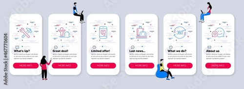 Vector Set of Business icons related to Message, New house and Spanner tool icons. UI phone app screens with teamwork. Full rotation, Baggage reclaim and Dating line symbols. Vector