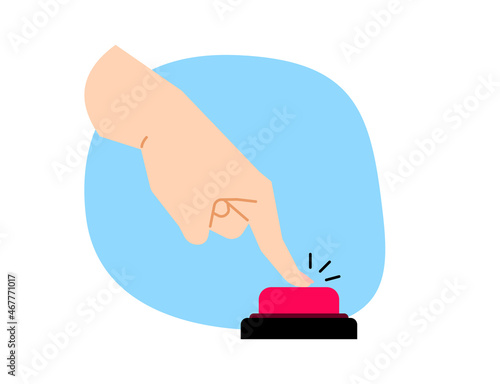 Female hand, actively pushing big red button. Simple flat illustration for tacking action or setting the alarm. Assistance or alert banner and website concept.