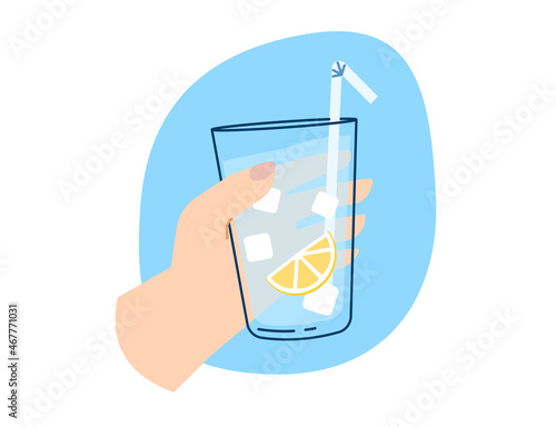 Female hand, holding a glass of clean water. Simple flat illustration for healthy lifestyle. Drink more water. Glass of cold water and fresh lemons.