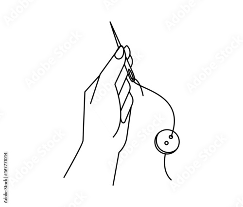 Female hand holding a needle with thread and button. Simple linear illustration for creativity and hobby. Crafting or sewing banner and website concept.