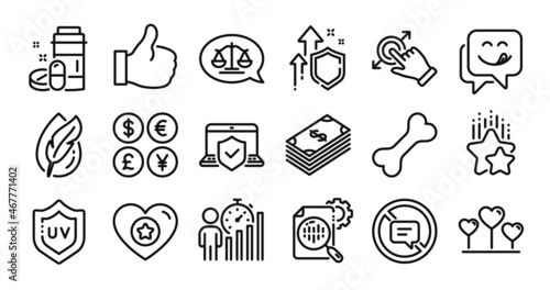 Dog bone, Stop talking and Dollar line icons set. Secure shield and Money currency exchange. Seo stats, Medical drugs and Laptop insurance icons. Vector