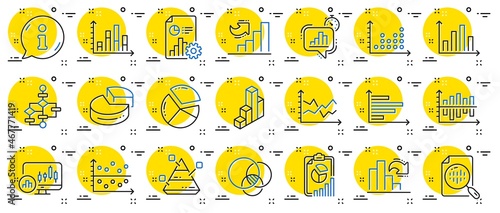 Charts and Diagrams line icons. Report, 3D Chart, Block diagram and Dot Plot graph linear icons. Trend, Pyramid and Pie chart report symbols. Presentation infochart, process flow diagram. Vector
