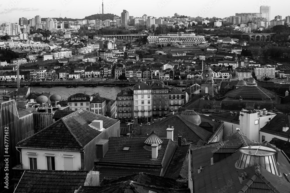 Top view old downtown of Porto, Portugal. Black and white photo.