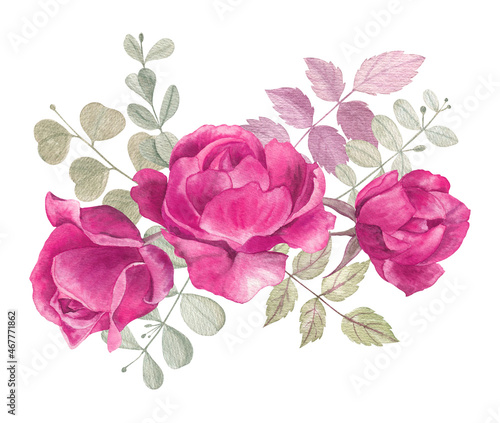 Watercolor flower arrangement of the purple roses and green leaves; isolated on white. For wedding decor, valentine cards, greeting cards, stationery design. 