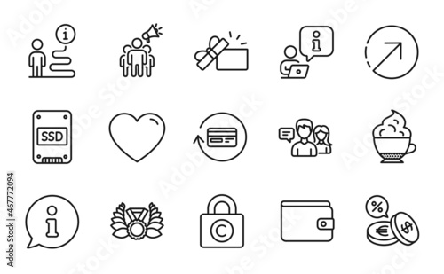 Fototapeta Naklejka Na Ścianę i Meble -  Line icons set. Included icon as People talking, Cappuccino cream, Direction signs. Refund commission, Copyright locker, Laureate medal symbols. Money wallet, Ssd, Brand ambassador. Heart. Vector