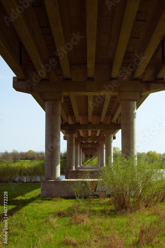 Walk under the road bridge in the thickets of river